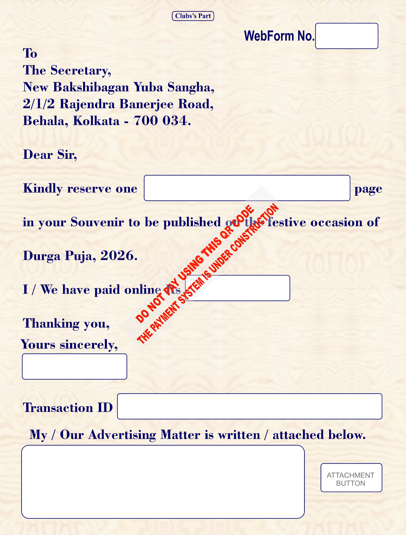 NBYS advertiser contact form; warning not to pay using its printed QR code